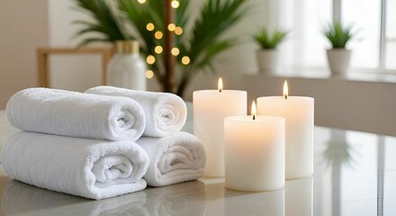 The image shows three rolled white towels on a table with three lit white candles beside them. In the background, there are potted plants and a lit tree with fairy lights.