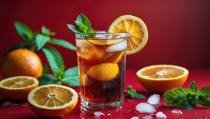 Refreshing iced tea with citrus fruits and mint leaves elegantly displayed on a vibrant red background, ideal for summer beverage promotions.
