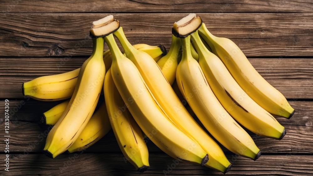 Poster fresh ripe bananas arranged on a rustic wooden background showcasing their vibrant color and natural
