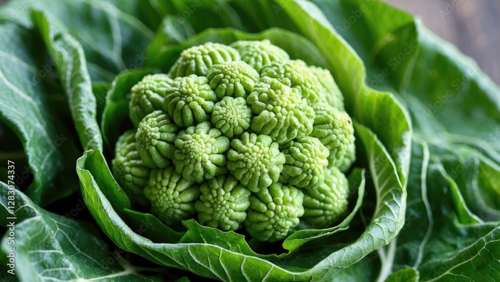 Poster close-up view of vibrant raw romanesco cabbage on leafy greens showcasing its unique fractal pattern