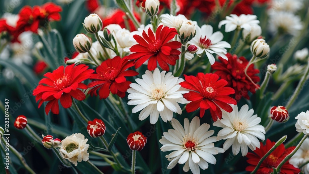 Poster vibrant array of red and white flowers in full bloom against lush green foliage for a stunning garde