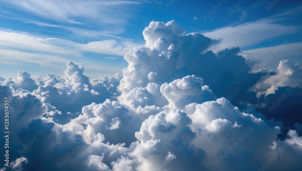 Poster dramatic cloudscape with fluffy white clouds and bright blue sky in serene atmospheric setting