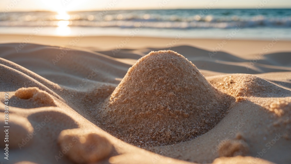 Poster serene close-up of sand dune on beach at sunset with gentle waves in background and warm summer glow