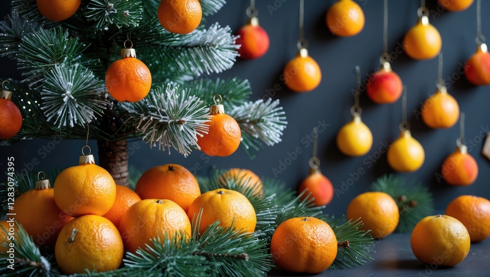 Poster festive christmas and new year setup featuring tangerines and a decorated artificial tree against a 