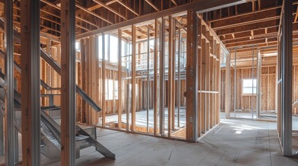 A home under construction with metal framing and insulation installed between studs