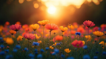 Obraz premium Spring background showcasing a meadow filled with vibrant wildflowers and soft morning light