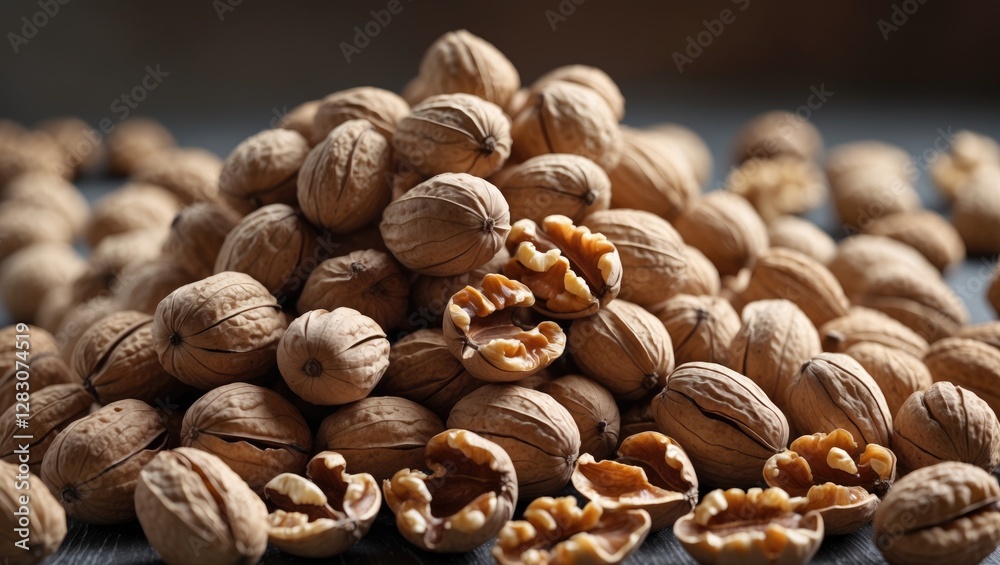 Poster close up shot of unshelled walnuts and shelled pieces arranged in a textured pile showcasing their n