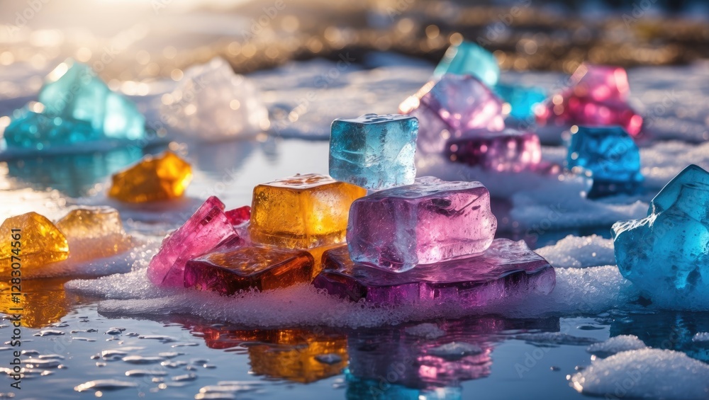 Poster Colorful ice cubes in a natural setting reflecting light and creating a vibrant background in winter or festive theme concepts.