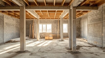 A house under construction with exposed blockwork and reinforced pillars