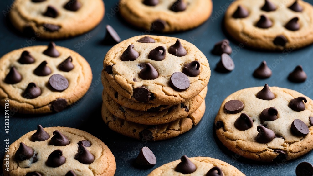 Poster delicious freshly baked chocolate chip cookies stacked with additional chips on a dark textured back