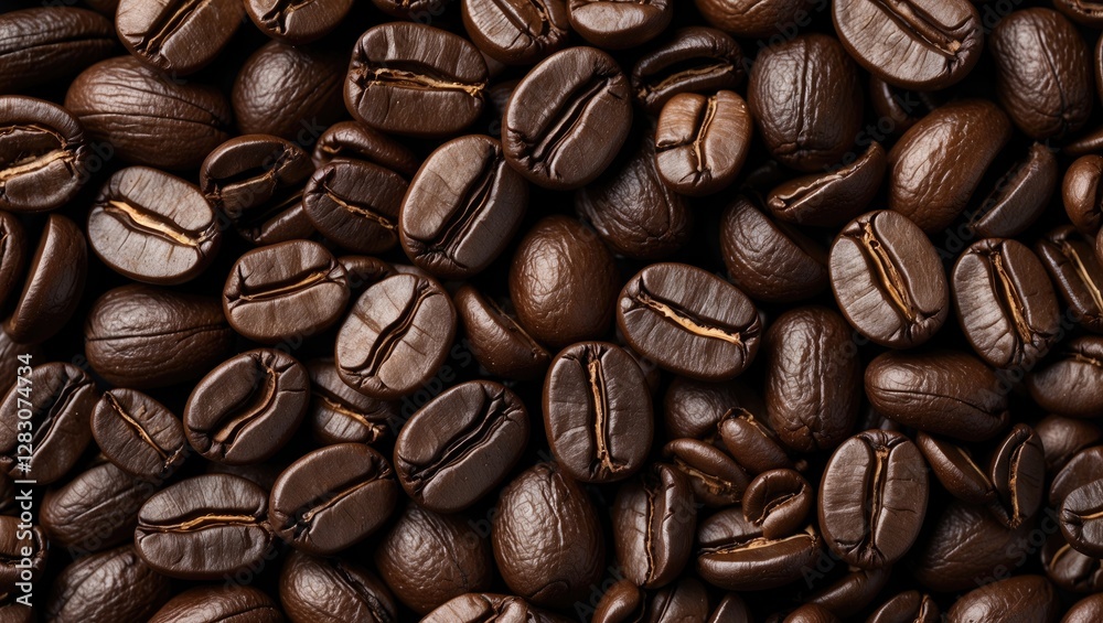 Aufkleber Richly roasted coffee beans in a close-up macro shot creating an abstract background ideal for coffee-related designs and marketing.