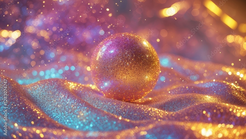 Poster shimmering gold and blue glitter gradient backdrop with a sparkling sphere create a dynamic and fest