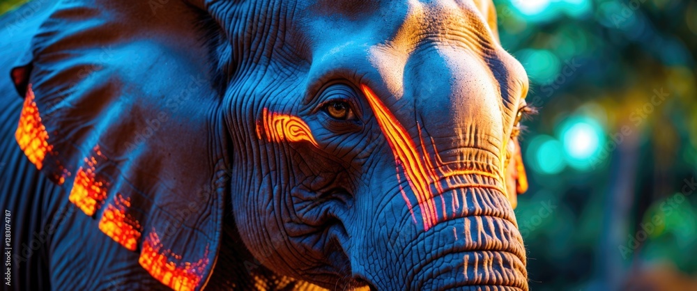 Poster majestic close-up of an elephant's head showcasing intricate textures and vibrant colors in a natura