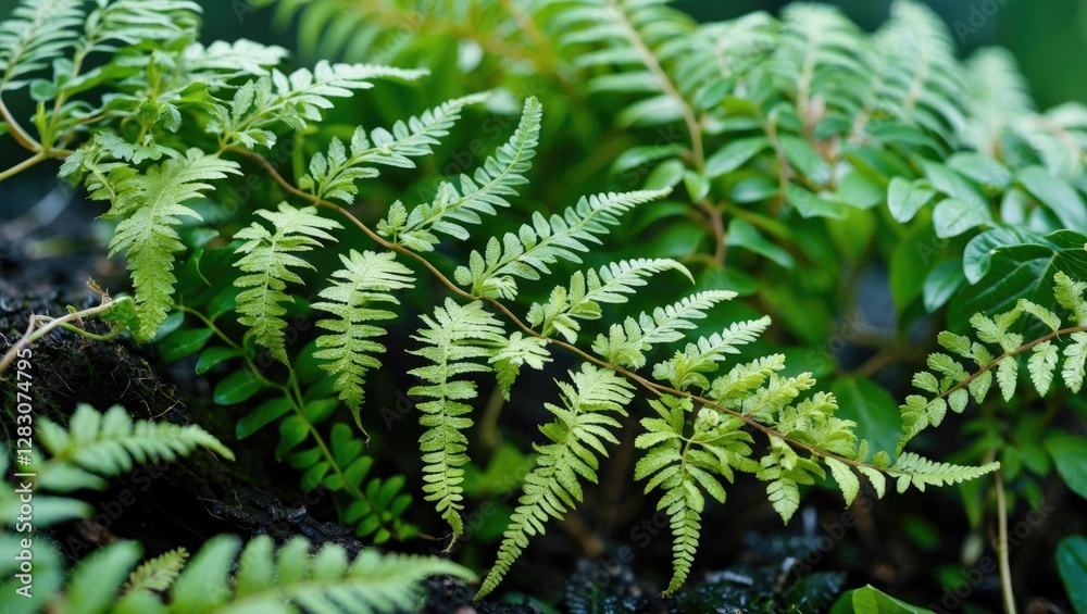 Poster close-up of vibrant selaginella involvens fern showcasing intricate leaf patterns in a lush green en