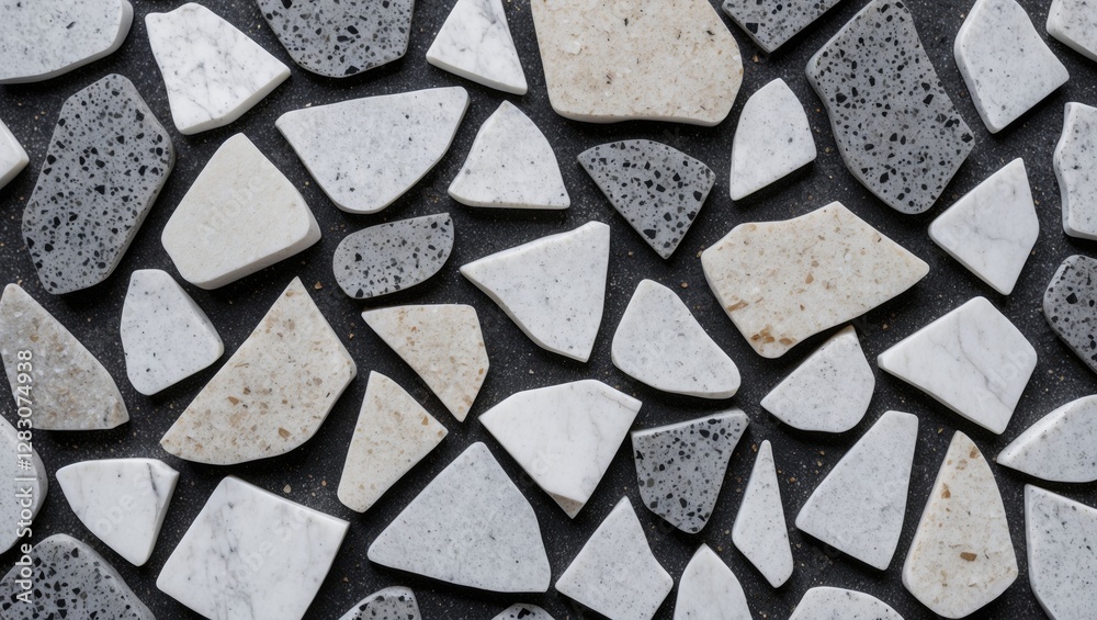 Poster granite and white marble terrazzo stone texture featuring diverse chip shapes in a top view backgrou