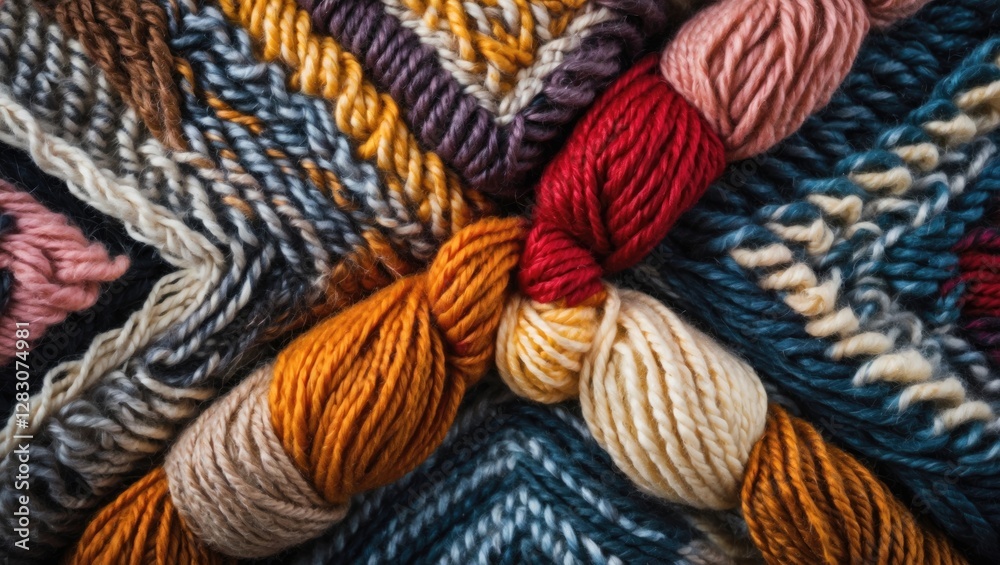 Poster Colorful woolen yarn patterns showcasing intricate textures and vibrant hues in a close-up view ideal for textile and craft designs.