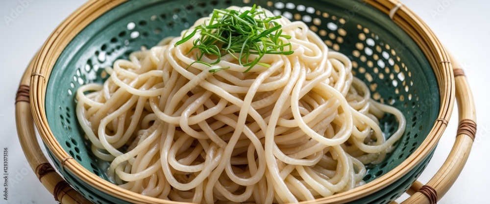Poster chilled udon noodles served in bamboo colander isolated on white background perfect for culinary and