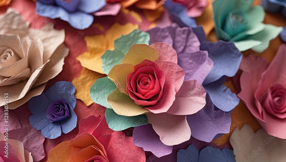 Poster colorful handmade paper flowers in various shapes and sizes create a vibrant abstract floral backgro