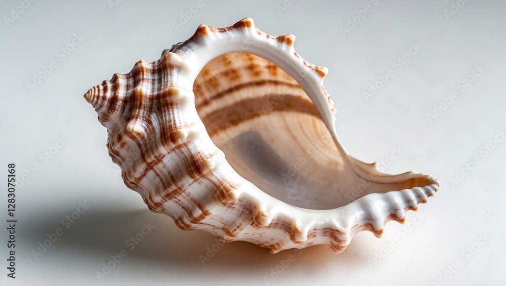 Aufkleber Close-up view of a beautifully detailed conch shell displaying intricate patterns and textures on a clean white background