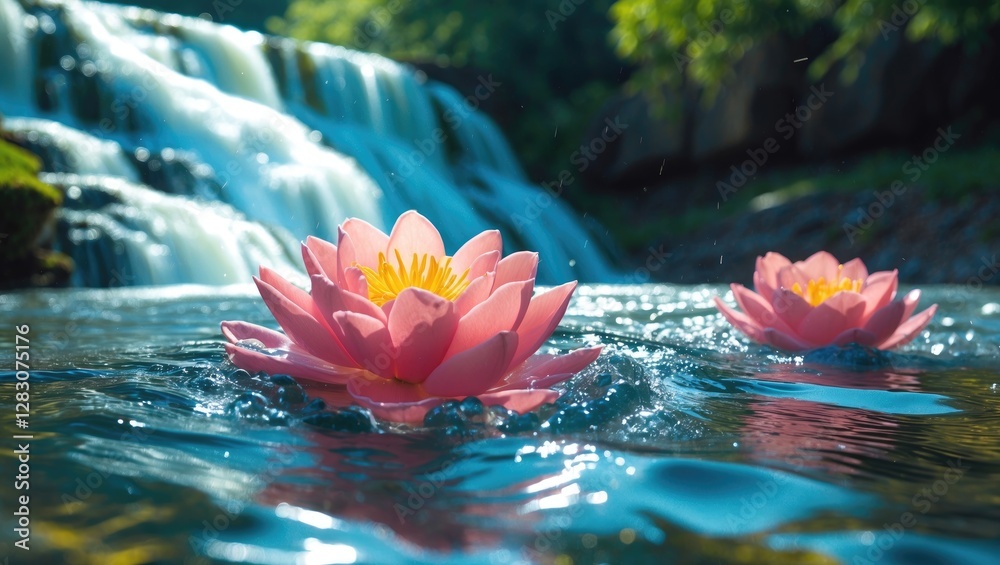 Poster serene pink lotus flowers floating on tranquil river water with a cascading waterfall in the backgro
