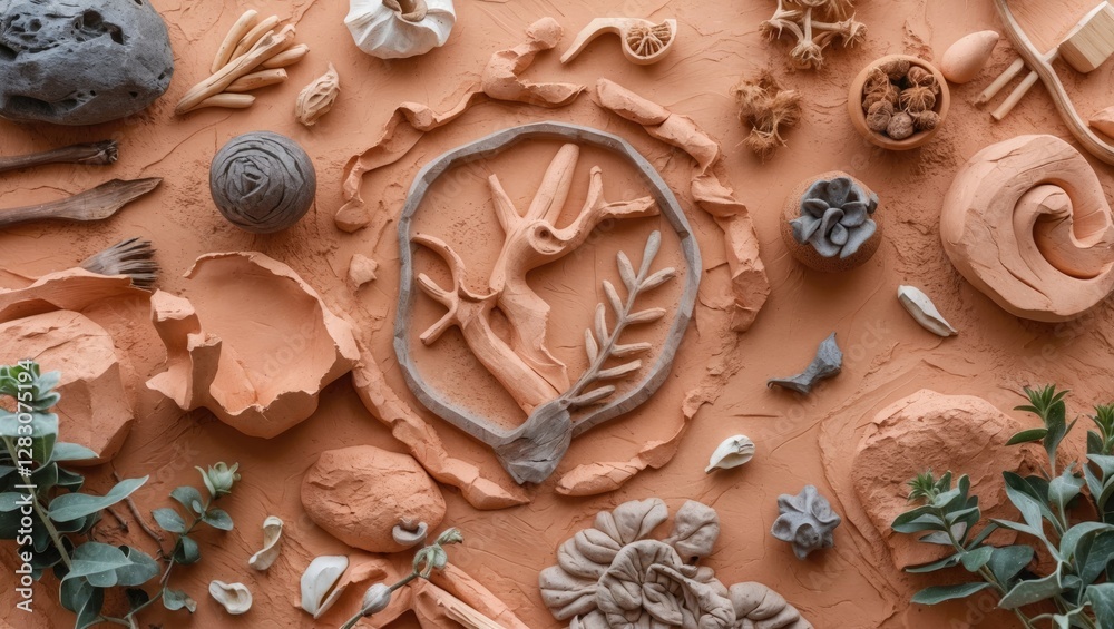 Poster artistic clay flat lay with natural elements and textures showcasing creativity and craftsmanship in