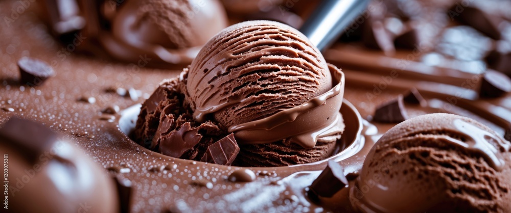 Poster Decadent close-up of rich chocolate ice cream scoops surrounded by chocolate shards and sauce showcasing gourmet dessert indulgence.