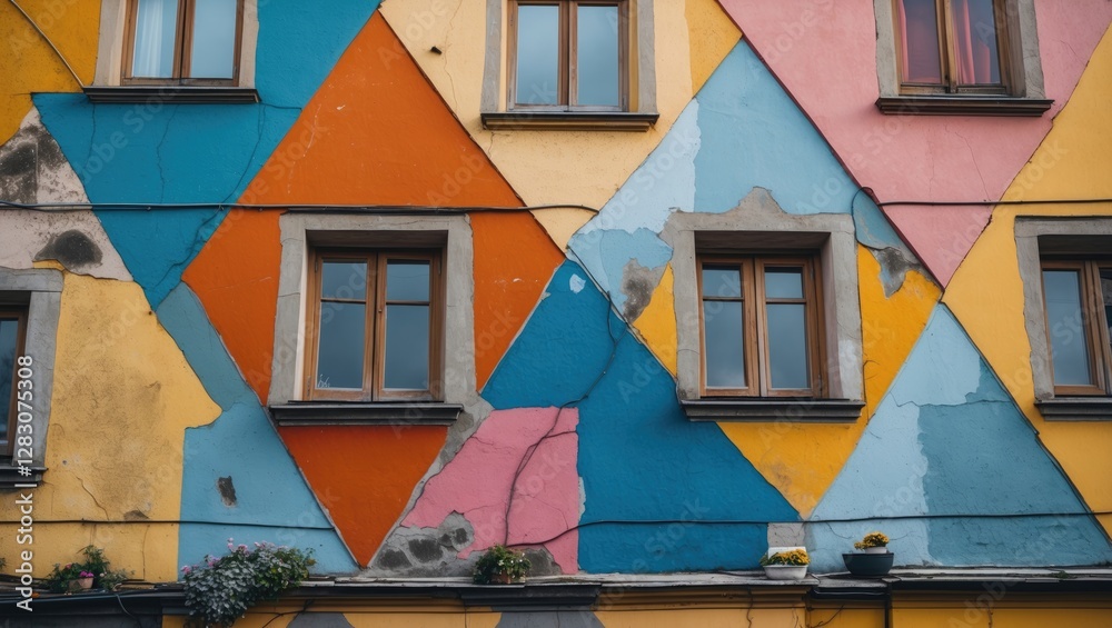 Poster Vibrant colored facade with triangular patterns and four windows showcasing urban artistic expression and architectural detail