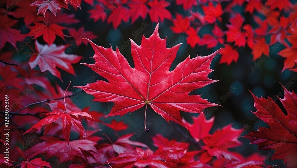 Poster vibrant close-up of red fullmoon maple leaves showcasing autumn colors in a serene natural setting i