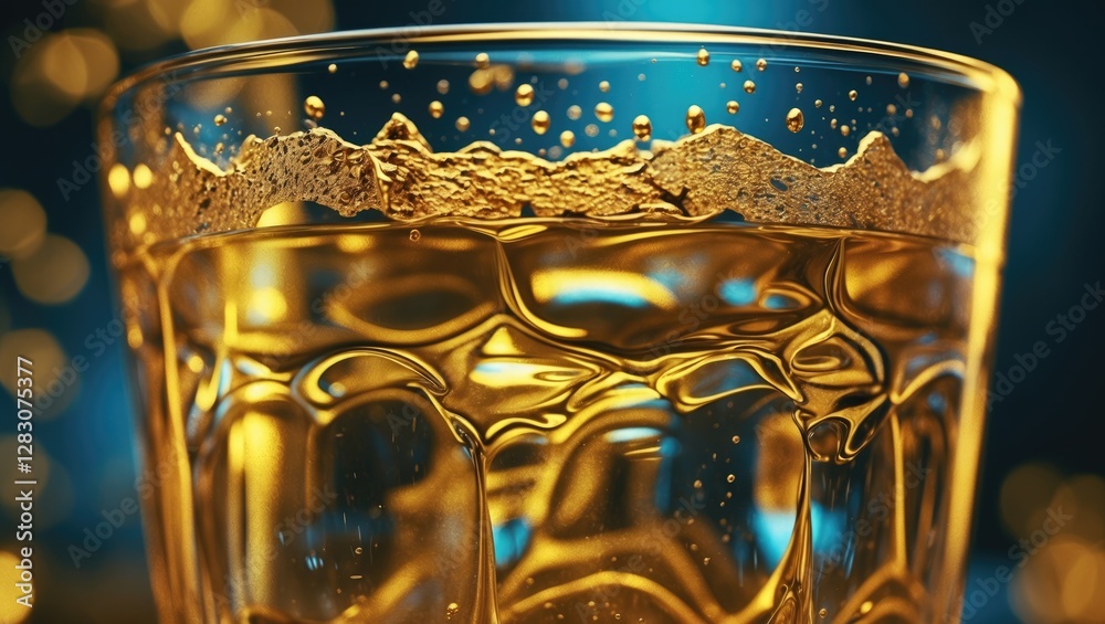 Aufkleber closeup of golden liquid with bubbles and reflections in a clear glass on a colorful background