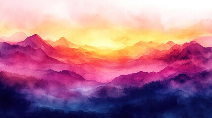 Obraz premium Watercolor background depicting an abstract sunrise in shades of orange, pink, and purple