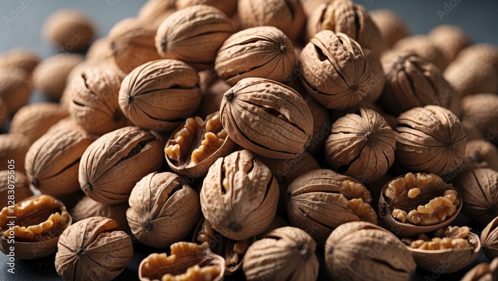 Poster Close up of a pile of unshelled walnuts highlighting their textured shells and opened halves revealing golden kernel inside