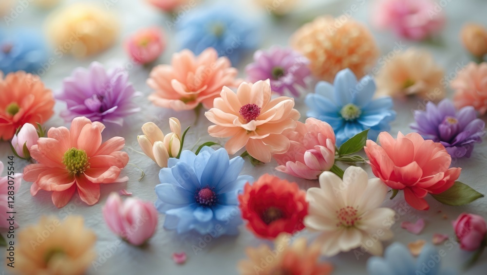 Poster soft focus colorful flowers arranged beautifully on textured mulberry paper background for artistic 