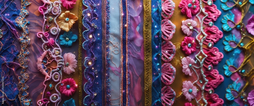 Poster colorful lace fabric with sparkles and intricate embroidery patterns, perfect for textile design and