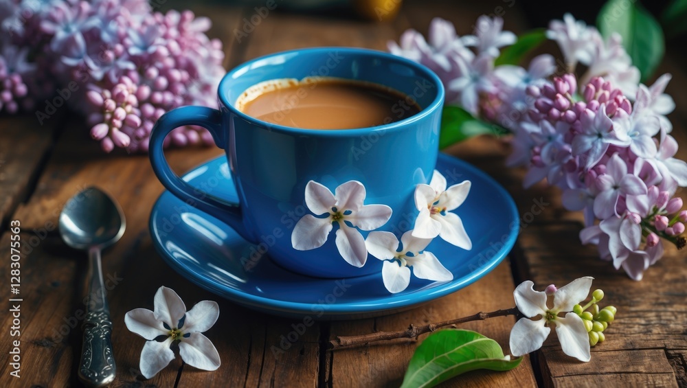 Poster coffee in a blue mug accompanied by white lilac flowers on a rustic wooden table creating a serene a