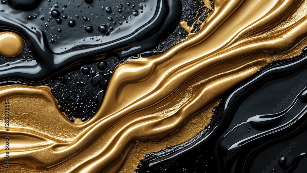 Poster Fluid metallic paint textures in gold and black creating an elegant artistic background ideal for modern design projects and creative applications.