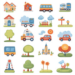 Naklejka premium Colorful Cartoon City Elements