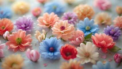 Soft focus colorful flowers arranged beautifully on textured mulberry paper background for artistic and floral design concepts.