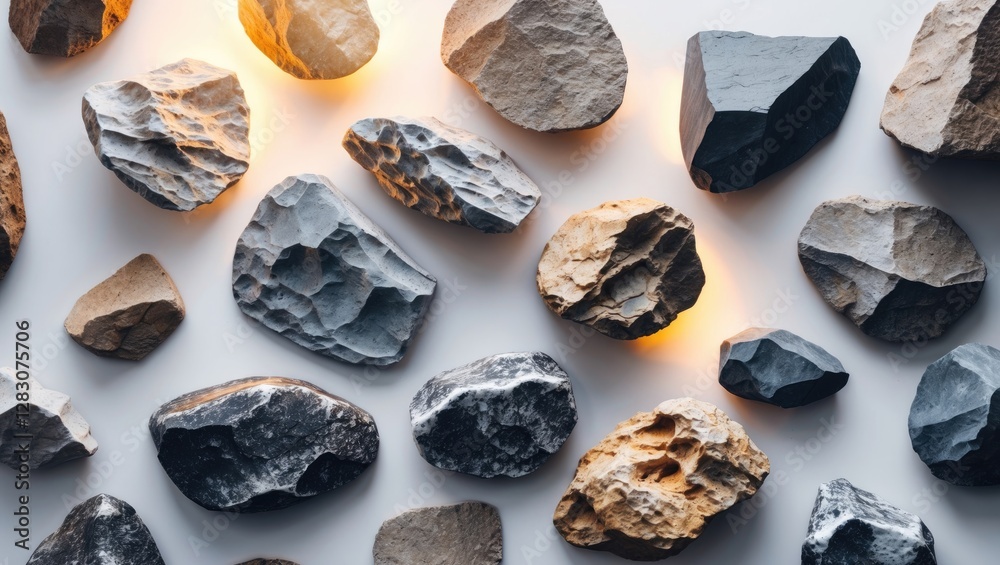 Poster Variety of textured rock stones arranged on a white background illuminated by warm light creating a natural and inviting aesthetic.