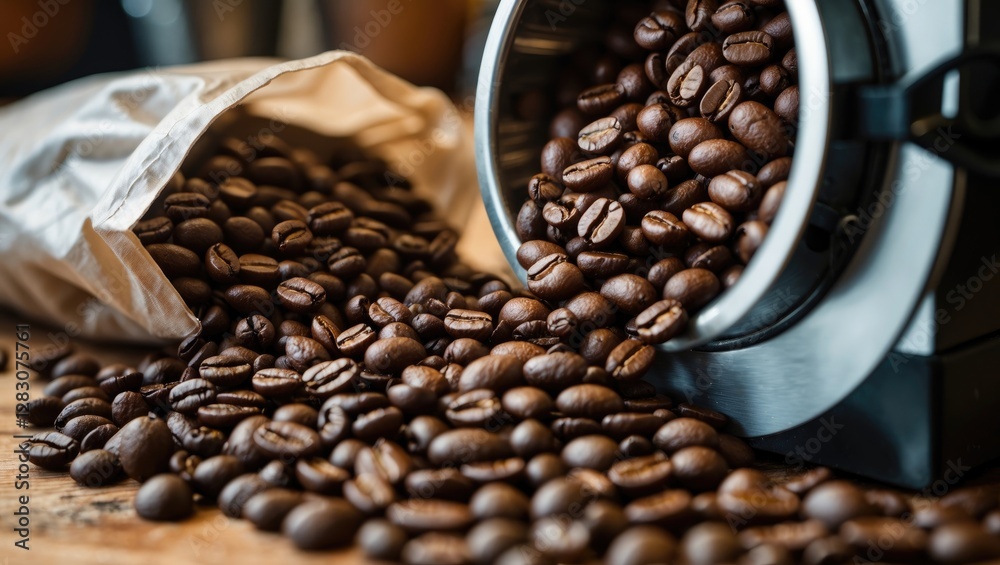 Poster freshly roasted coffee beans spilling from a bag into a grinder on a rustic wooden table with blurre