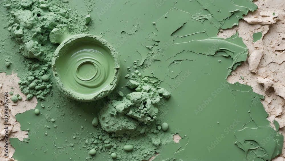 Poster textured green plaster with paint spills and a circular container, showcasing a creative background 