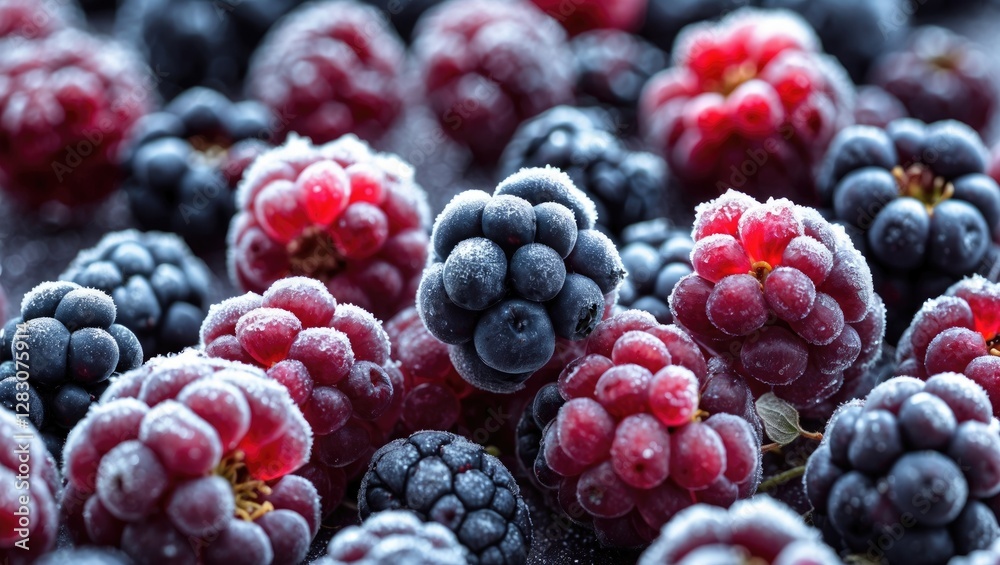 Poster frosted blackberries and raspberries close up showcasing intricate details and vibrant colors in a f