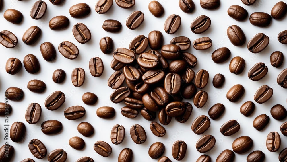 Fototapete Coffee beans scattered on white background creating a rich texture suitable for coffee themed design with ample space for text inclusion.