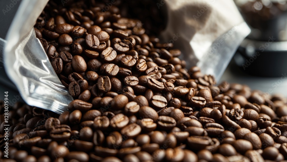 Poster coffee beans spilling from a bag with selective focus ready for grinding in a kitchen setting captur