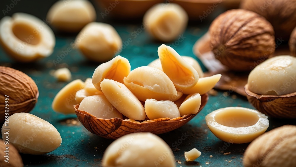 Aufkleber Close up of peeled macadamia nuts arranged on a textured surface with whole nuts in the background creating an inviting snack scene.