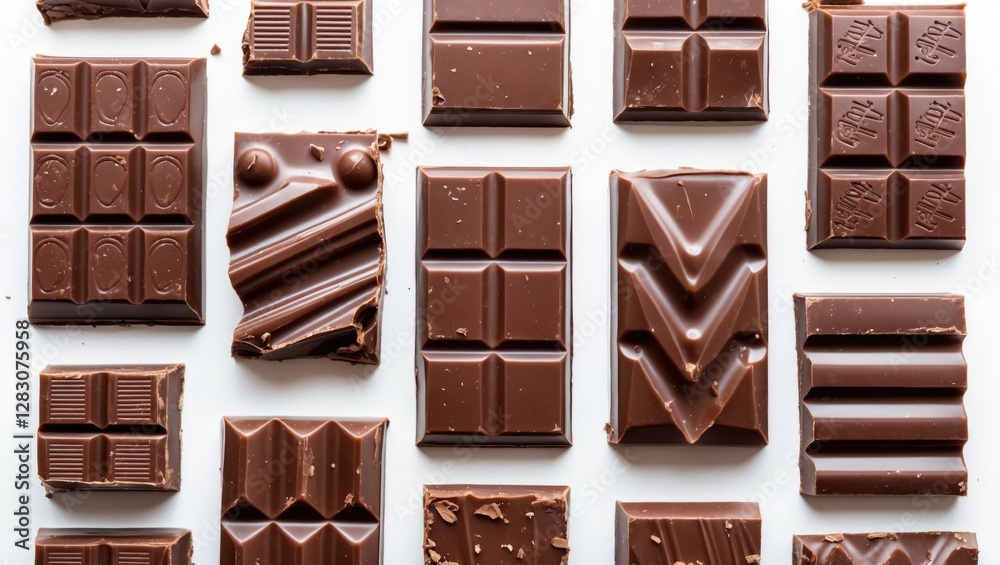 Poster Assorted chocolate bars arranged in artistic layout on a white background showcasing various shapes and textures of chocolate.