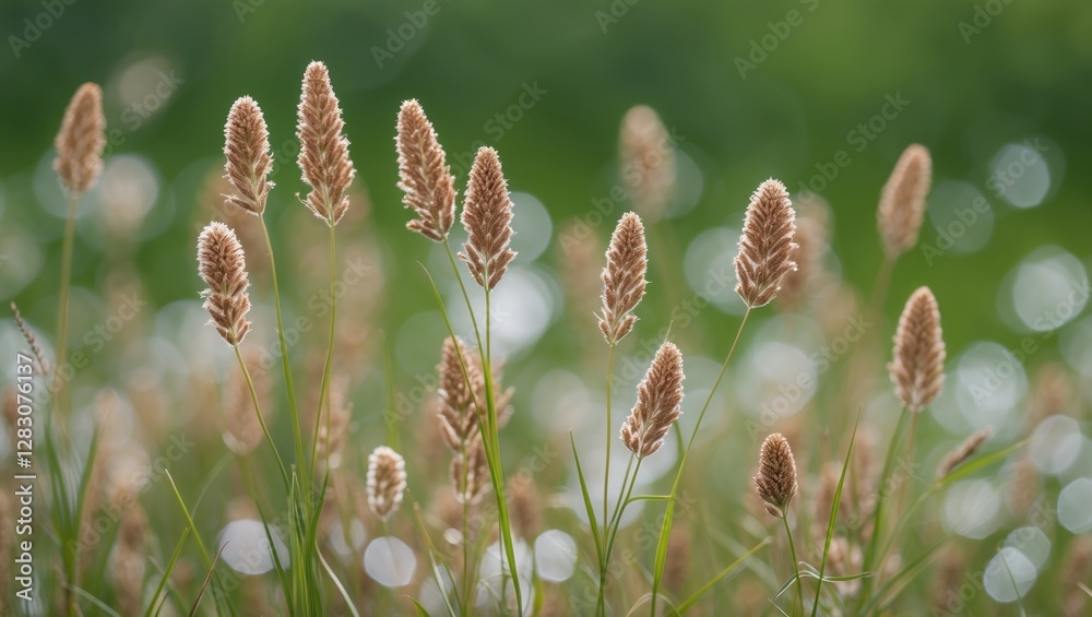 Poster close up of brown grass flowers with bokeh effect on a soft green background showcasing nature's del