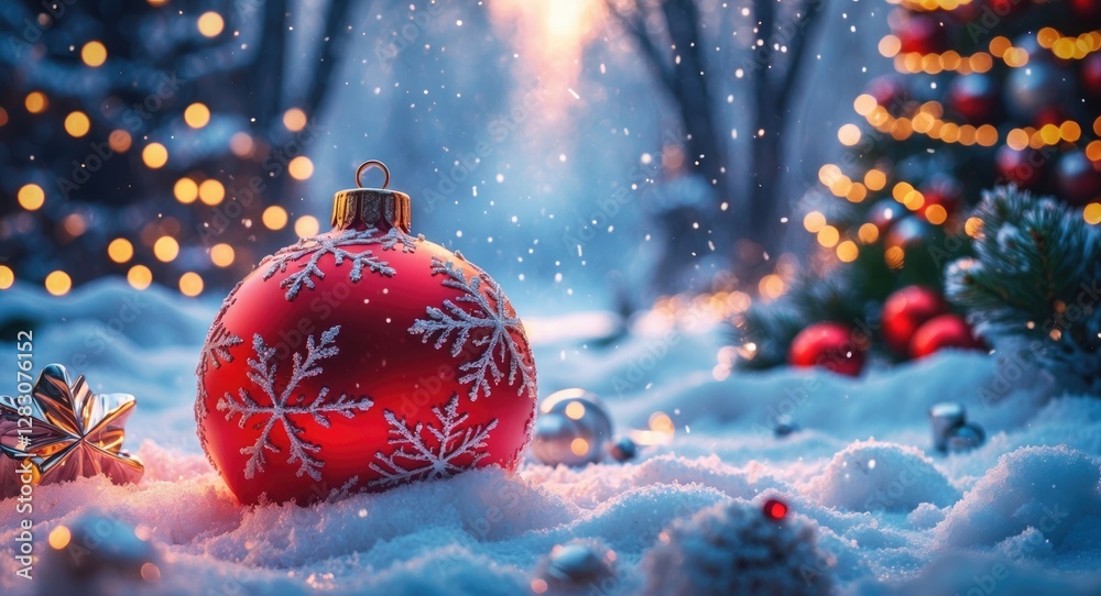 Poster festive christmas scene featuring a vibrant red ornament on snow with a beautifully lit background o