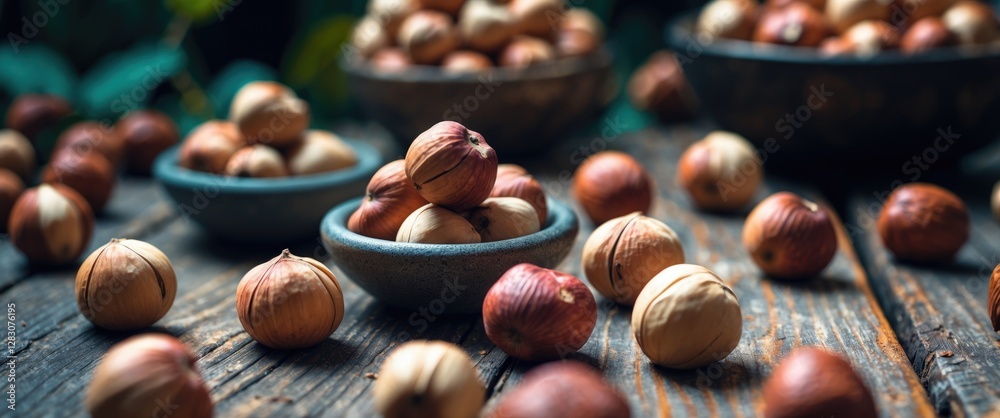 Poster close up of fresh hazelnuts in decorative bowls on a rustic wooden table, creating a natural and org