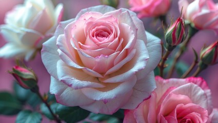 Fototapeta premium Close up of delicate white and pink roses in soft focus highlighting the intricate petals and lush green leaves for a serene background.