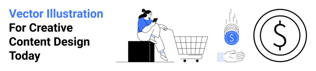 Woman sitting near shopping cart using a smartphone for online shopping. Themes include e-commerce, mobile apps, digital payments, retail, marketing, fintech, technology, flat landing page banner